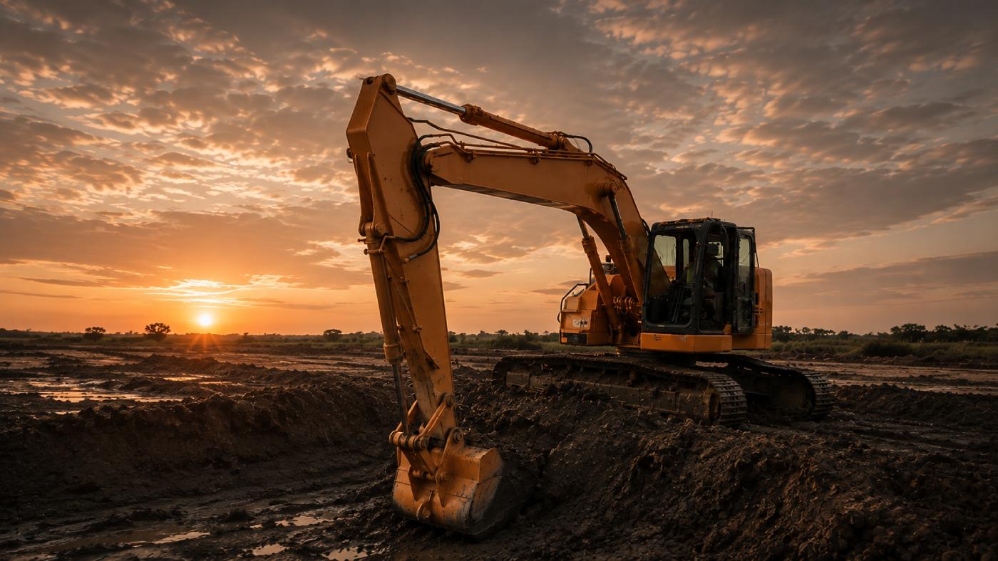 Excavadora trabajando en una operación petrolera al atardecer
