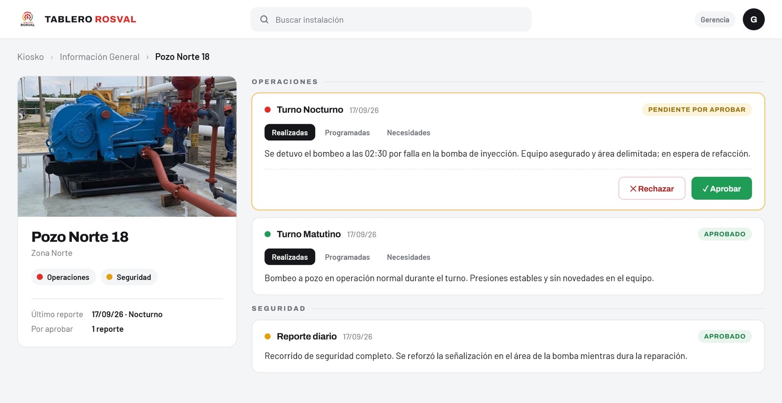 Vista de un reporte de instalación pendiente de aprobación en TABLERO ROSVAL